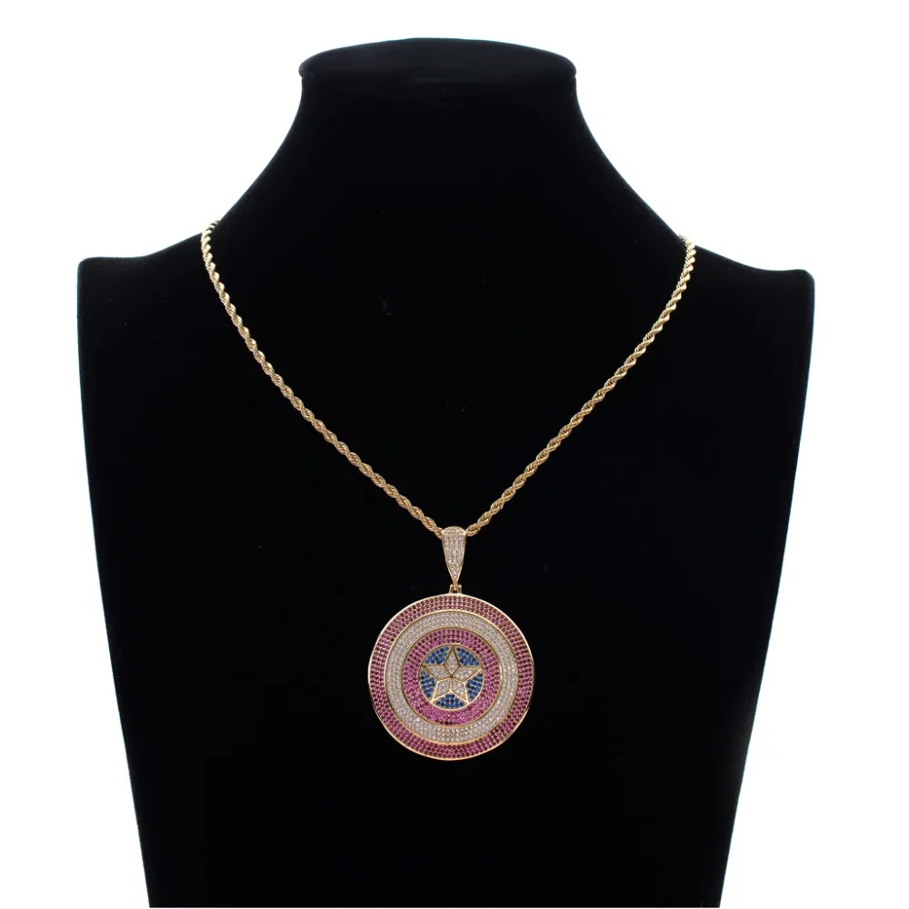 

MATHALLA Bling Iced Out Captain America Shield Necklace & Pendant With AAA Cubic Zircon Gold Men's Women Hip hop Rock Jewelry