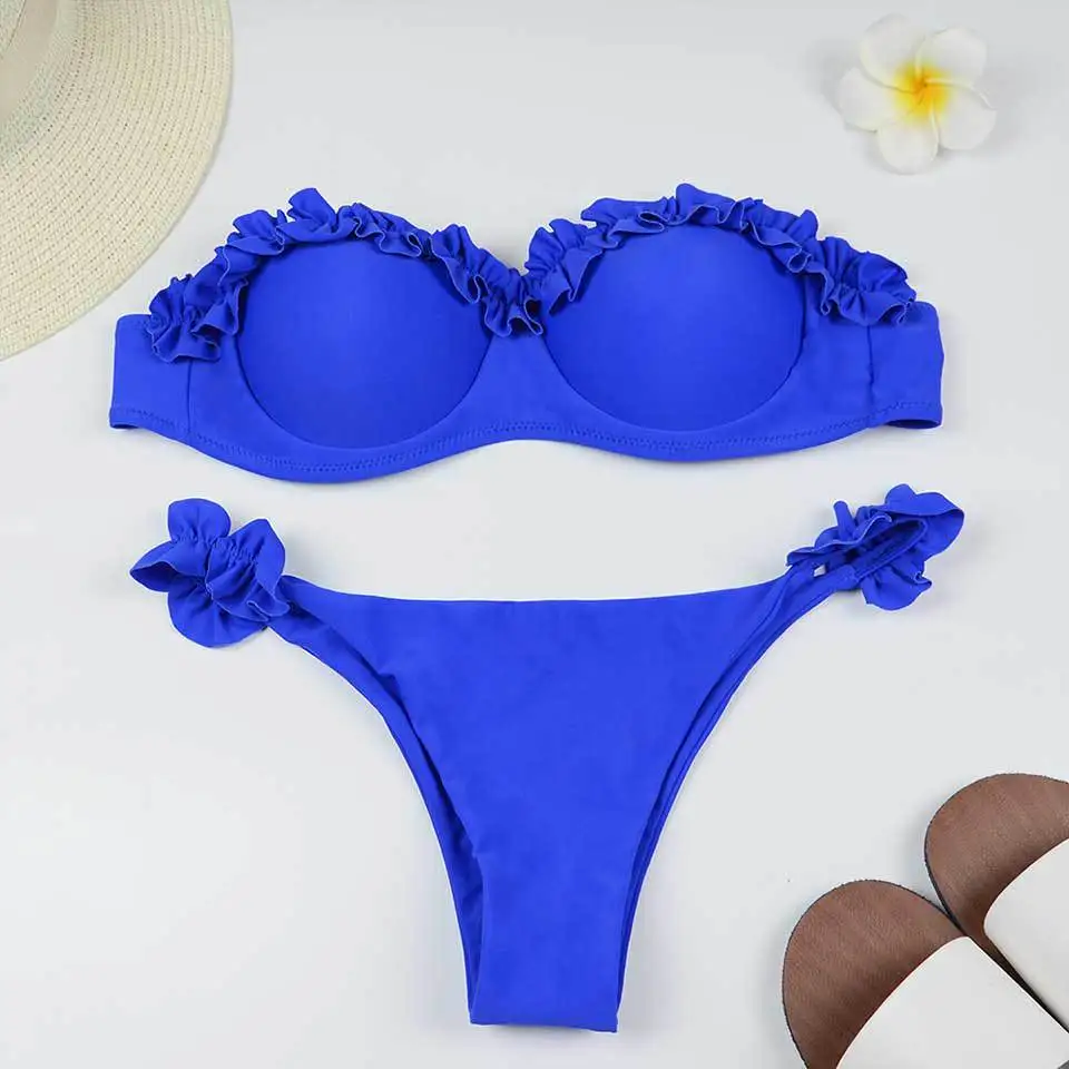 Bandeau Bikini Swimwear Women Swimsuit Sexy Ruffle Set Push Up Bathing Suit Female Brazilian Solid Color 2021 | Женская одежда
