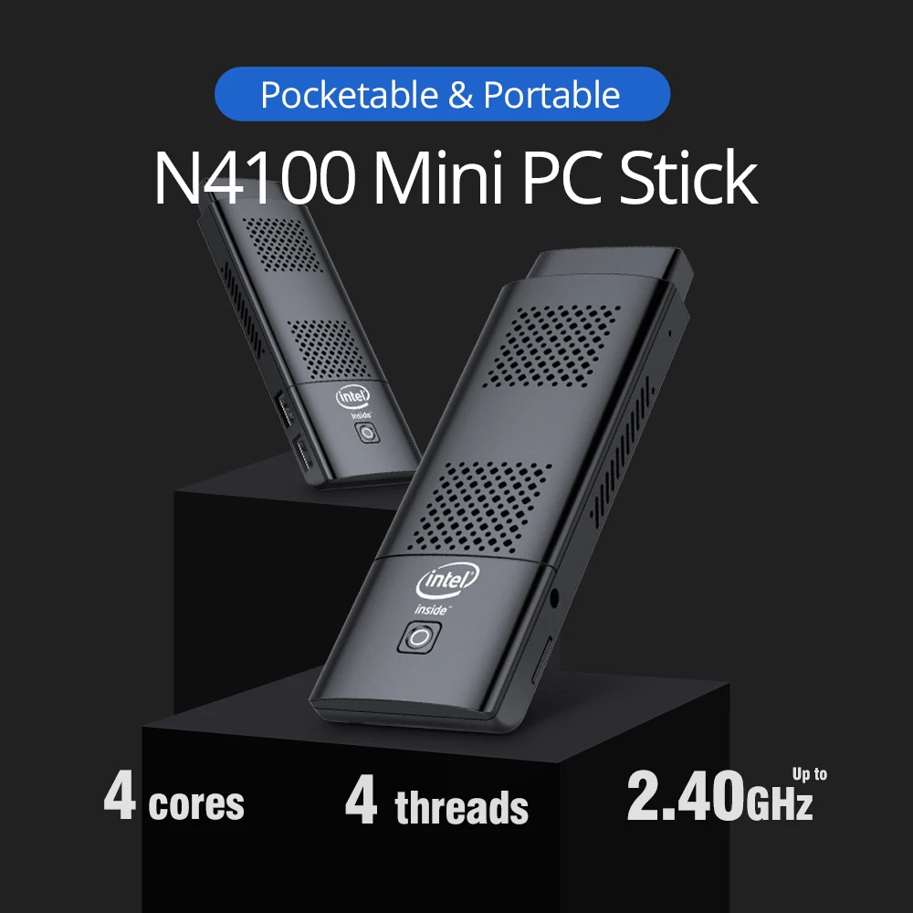 Billig Mini PC Stick Intel N4100 4GB LPDDR4 128GB EMMC 5,1 Windows 10 Linux HDMI 2,0 4K 60hz 2,4G/5,0G AC WiFi Bluetooth 4,2 2xUSB 3,0