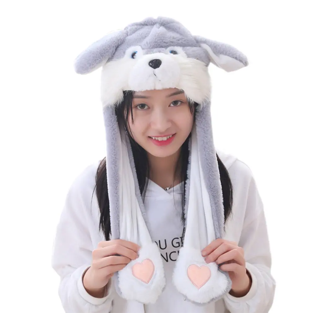 Girls Animals Ear Moving Jumping Hats Children Women Warm Plush Rabbit Winter Caps Kids Cute Bunny Fuzzy Pinch Airbag Funny | Детская