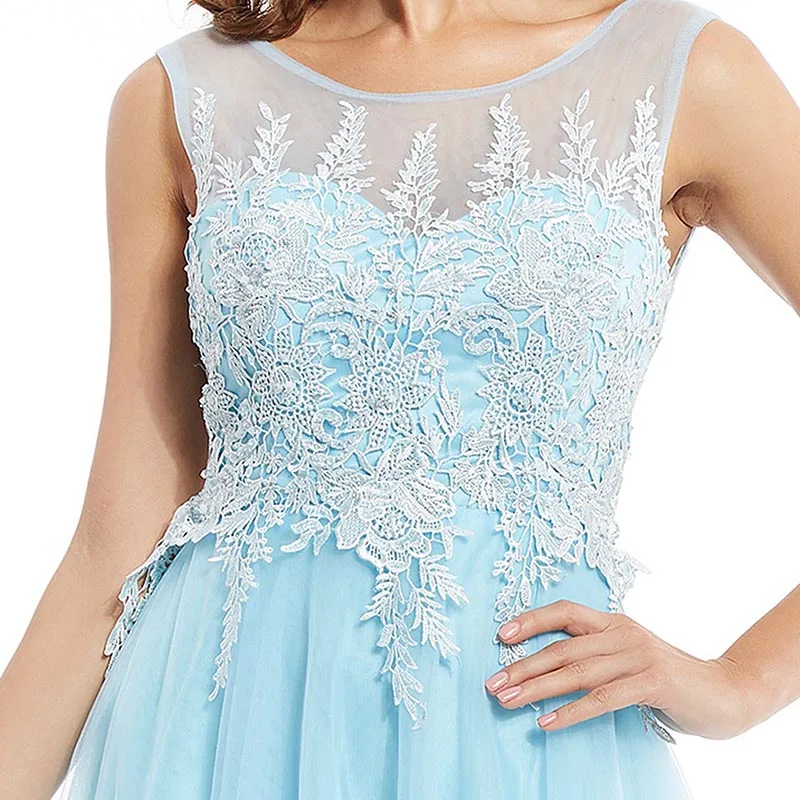 

Dressv blue scoop neck long evening dress appliques sleeveless cheap wedding party formal dress a line evening dresses