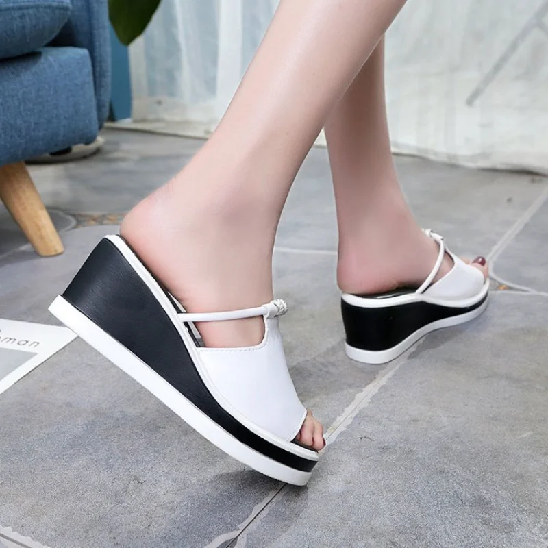 

2021 Women Summer Slipper Sandals Heels Wedges Platform Leather Peep toe Crystal Elegant Female Sandals Ladies Mules clogs Shoes