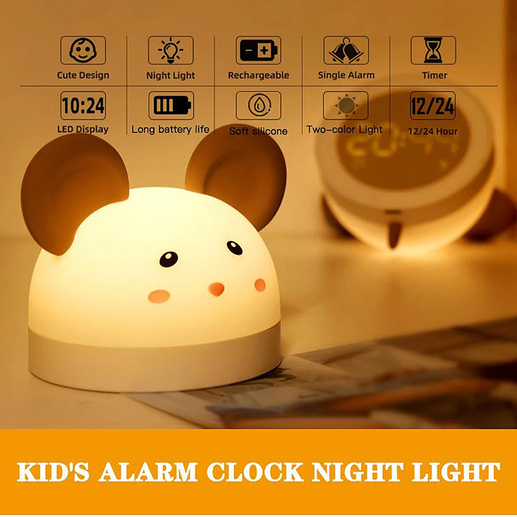 

LED Kids Digital Alarm Clock Cute Cartoon Table USB Nightlight Wake-up