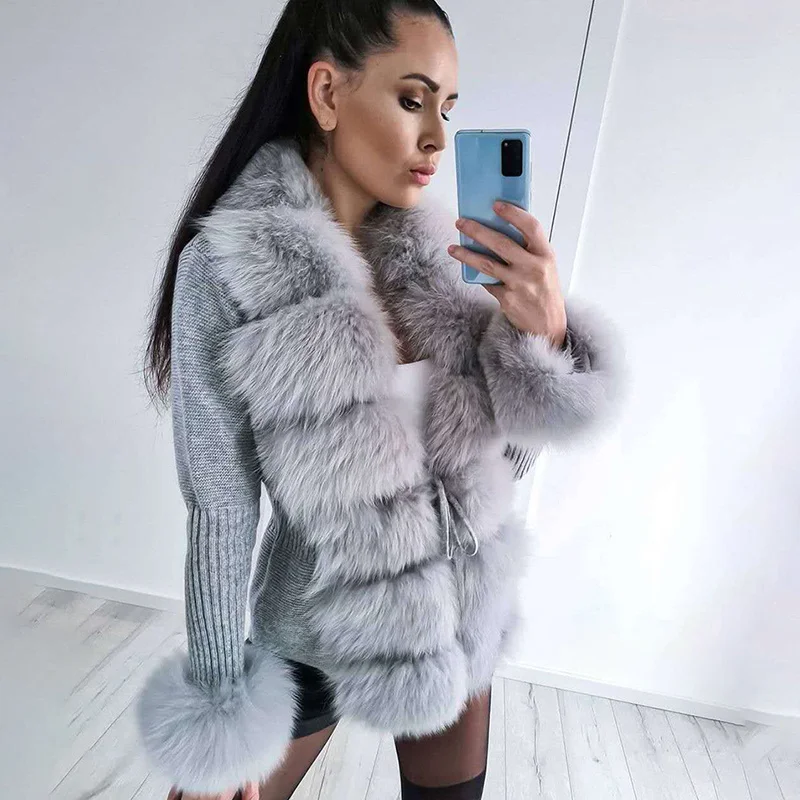 Real Fur Cardigan Jacket Winter Warm Knitted Sweater Women O Neck Belt 2021 Fashion Casual Female Natural | Женская одежда