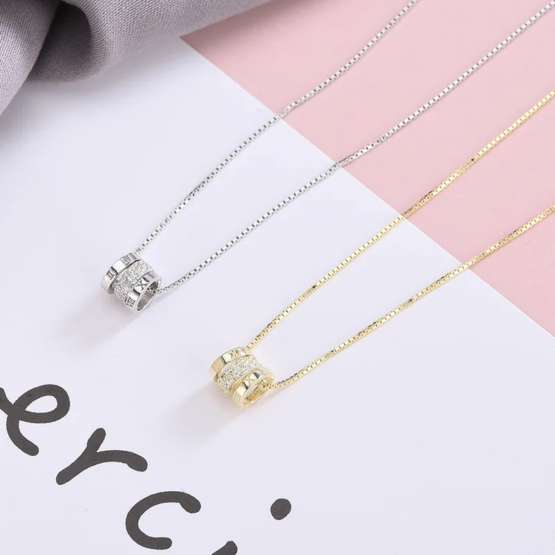 

925 Sterling Silver Chain Necklace Exquisite Vintage Roman Numerals Zircon Round Pendant Clavicle Necklace for Women