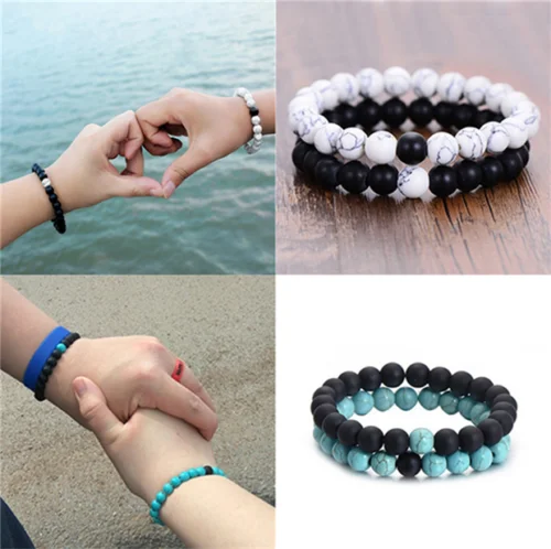 

2Pcs/set Couple Distance Beaded Bracelet Natural Stone Strand Bracelets Homme Charm Yoga Jewelry Gifts for Women Men Best Friend