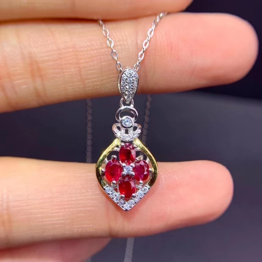 

Natural red ruby necklace pendant S925 silver natural gemstone pendant Retro clover water drop girl women wedding gift jewelry