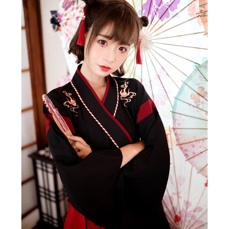Woman Japanese Dress Kimono Sweet Cat Embroidery Yukata Haori Cosplay Skirt Tops Set Full Sleeve Ancient Oriental Clothing | Тематическая