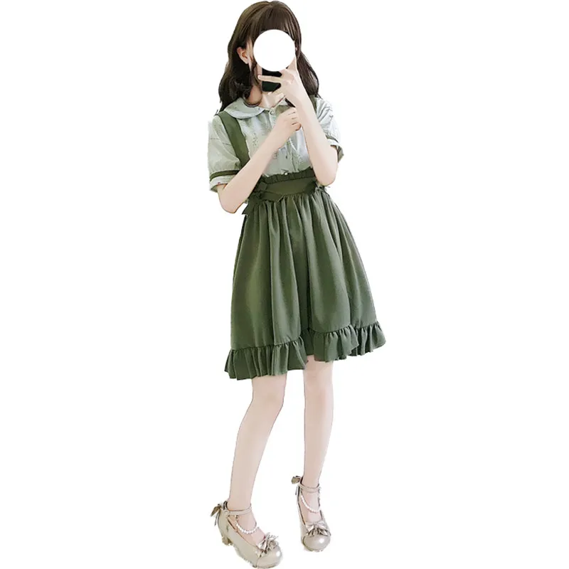 

School Girls Cute Suspender Skirt Japanese Lolita Cosplay Kawaii A-line Pleated Skirt Korean Style Vintage Ruffle Green Skirts