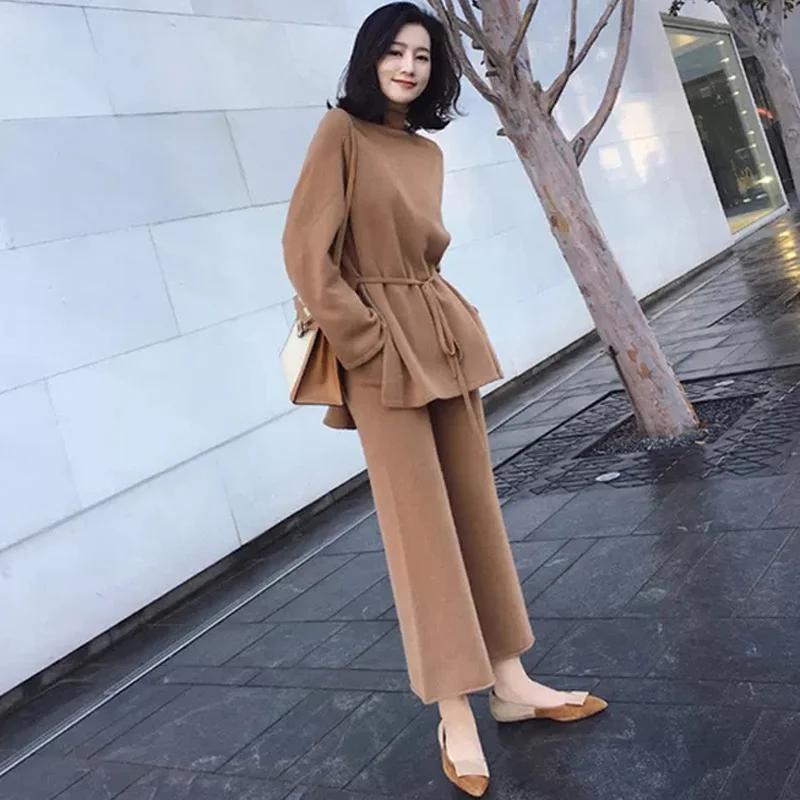 

Осень 2021, вязаный комплект из 2 предметов, водолазка, Пуловеры на шнуровке и свободные брюки, зимний женский свитер, комплект, Повседневный с...