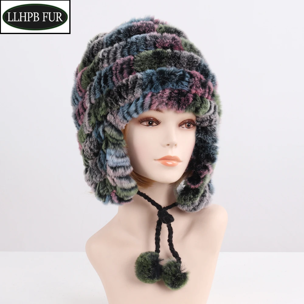 Хорошая эластичная вязаная шапка-бомбер из меха кролика рекс зимняя женская