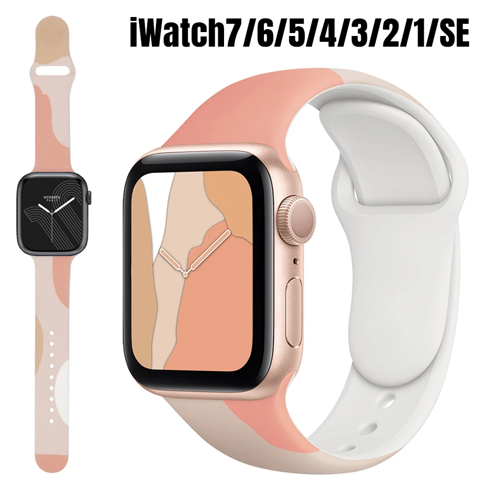 

New Fashion Band for Apple Watch Strap 45/41/40/44/38/42mm Printing Silicone Bracelet for iWatch Series 7 SE 654321 Accessories