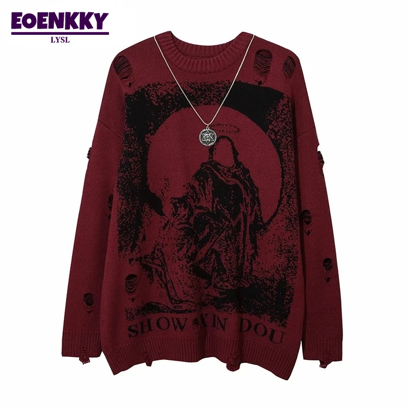 

Harajuku Priest Salvation Printed Knitted Sweater Men Street Hip Hop Hole Ripped Pullover Chain Jumper Oversize Grim Reaper Tops