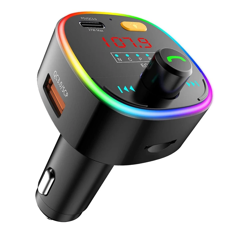

Bluetooth FM передатчик для автомобиля 10 Цвета светодиодный подсветкой QC3.0 & USB-C PD 27W быстрое зарядное устройство Зарядное устройство автомобильн...