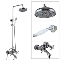 polished chrome brass dual cross handles wall mounted bathroom 8 round rain shower head faucet set bath tub mixer taps mcy352