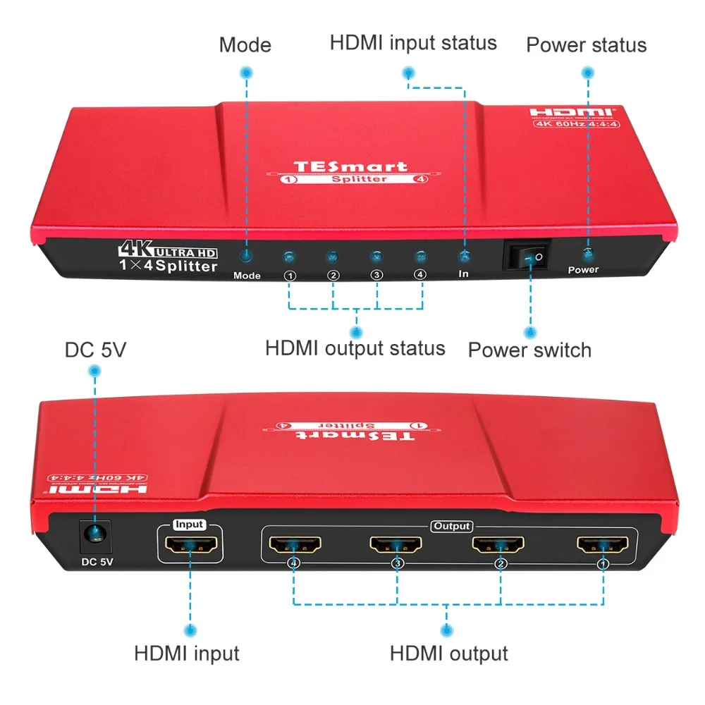 HDMI сплиттер 1x4 1 в 4 Выход 4K@ 60 Гц 4 порта сплиттер Ultra HDV2.0 TESmart высокое качество Сертифицированный 1080P@ 60 Гц HDCP 2,2