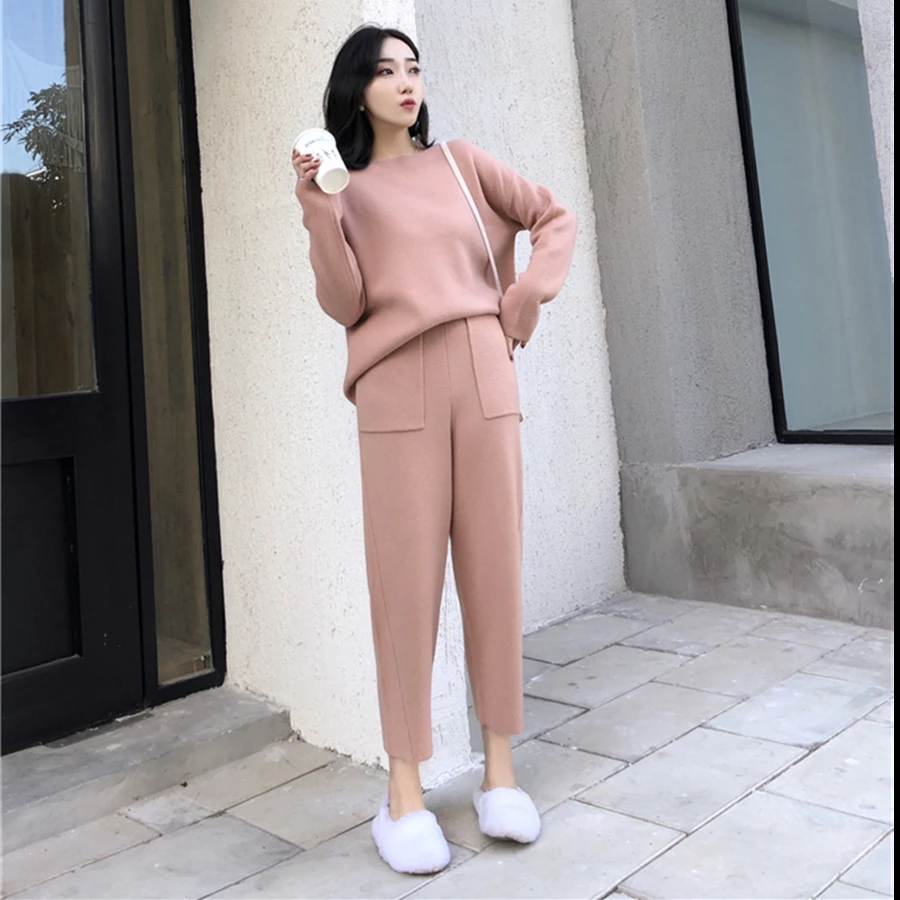 Autumn Winter Knitted Set Women Thick Warm O-Neck Loose Knit Suit Slim Pocket Harem Pants Oversized Casual Elegant Black Clothes