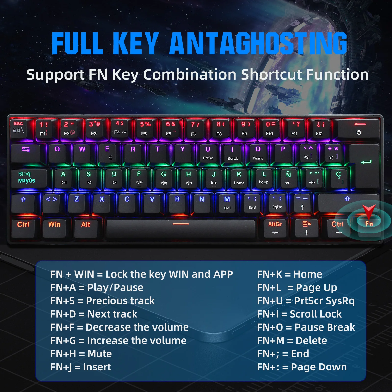 zienstar 60 spanish mechanical gaming keyboard cyan axis wired type c connector with rgb light 61 keys for desktop gamer free global shipping