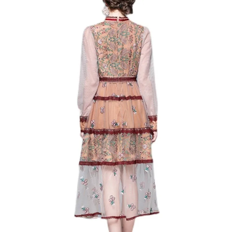 

New Spring Elegant Lace Floral Embroidery Patchwork Party Summer Dress Women Long Sleeve Vintage Party Long Dress Robe Femme