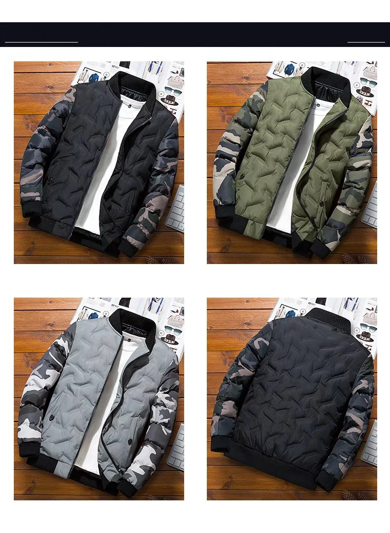 

Men Winter Baseball Jacket Camouflage Patchwork Cotton Coats Slim Fit College Warm Jackets Men's Stand Collar Outwear Coat MY209