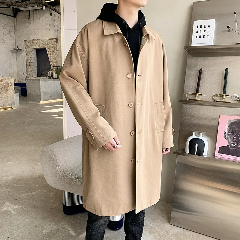 

Spring Autumn Men's Long Trench Coat 2021 New Streetwear Khaki Black Grey Long Sleeve Windbreaker Trench Jacket