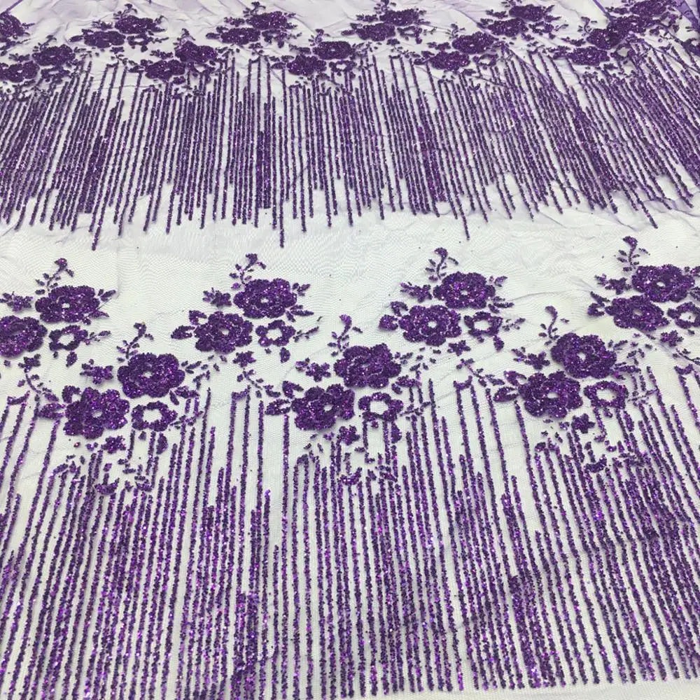 

New Fashion Purple Shining Glitter Bridal Wedding Gown Lace Fabric By 5 Yards French Sequins Mesh Tulle For Lady Evening Dresses