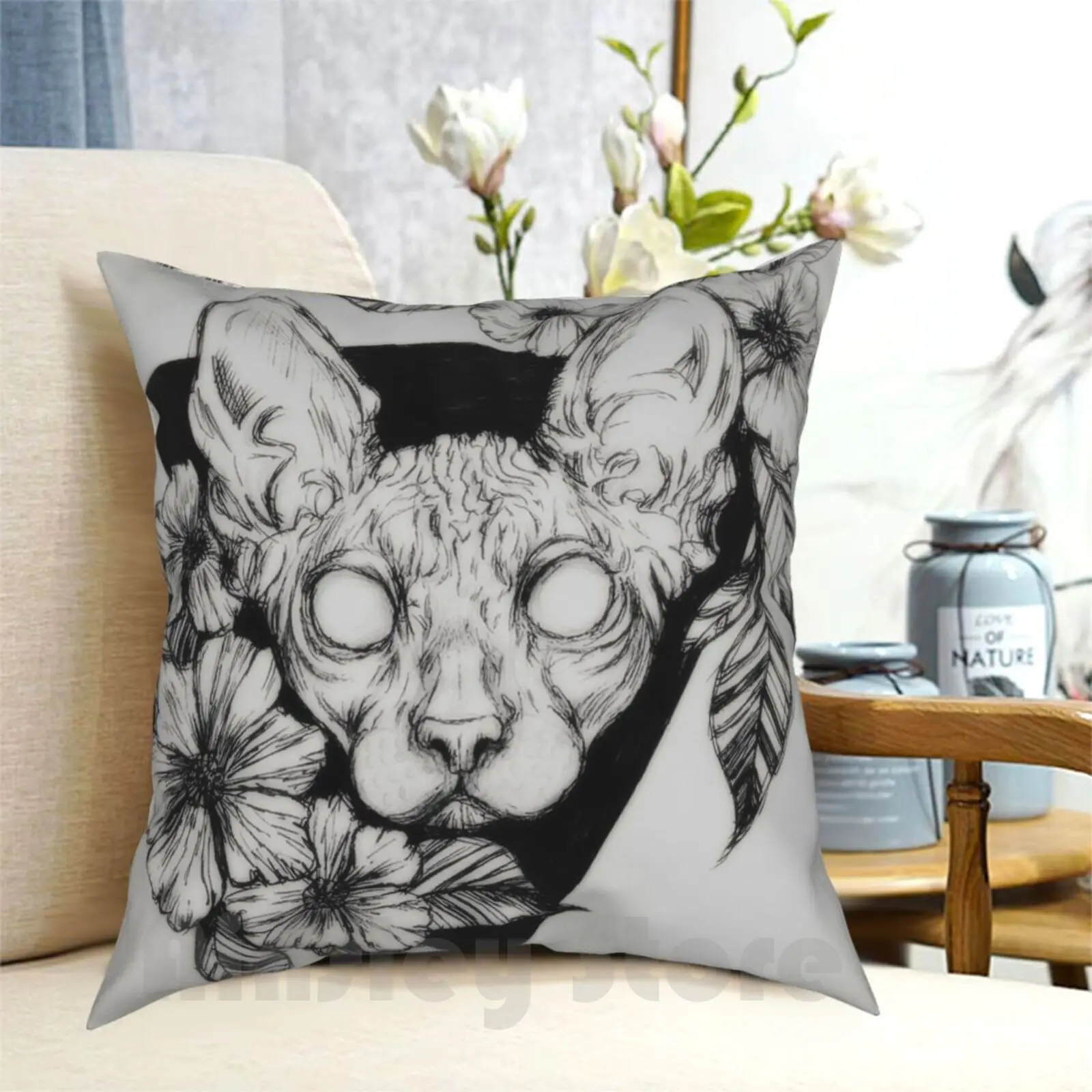 

Hairless Sphinx Cat Flower Portrait Pillow Case Printed Home Soft DIY Pillow cover Cat Cats Kitten Sphinx Sphynx Sphinx Cat