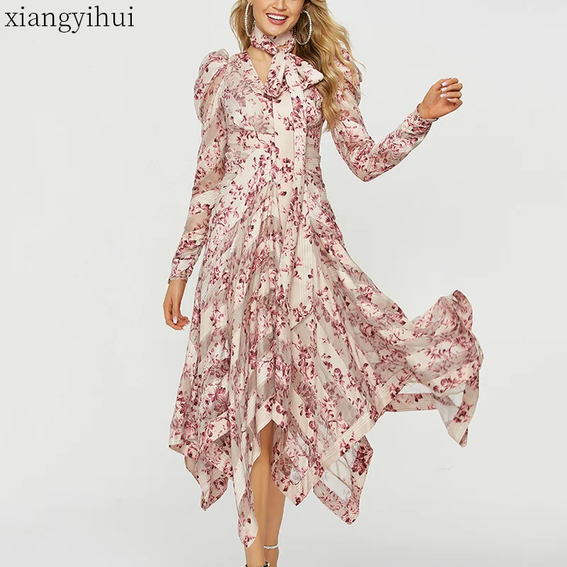

Women Long Sleeve Asymmetric Pink Dress Spring Autumn Fashion Floral Print Dress with Sash Vintage Irregular Vestido Womens