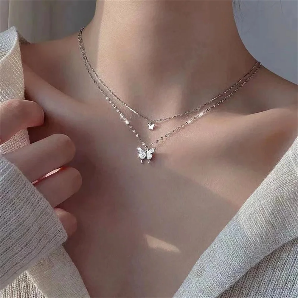 

New Shiny Butterfly Necklace Ladies Exquisite Double Layer Clavicle Chain Necklace Jewelry for Ladies Gift