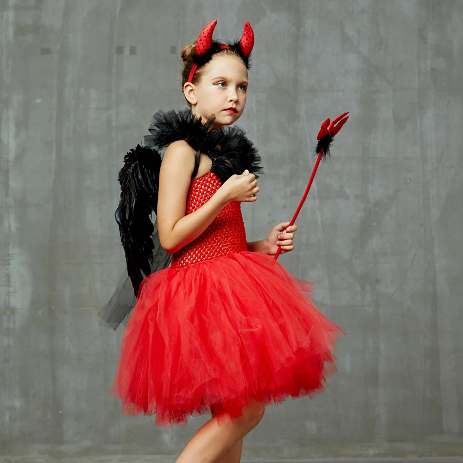 Halloween Costume Dress For Girls Baby Red Devil TUTU with Wing Fancy Dressing Up Girl Cosplay Outfits Ball Gown Photo Props |