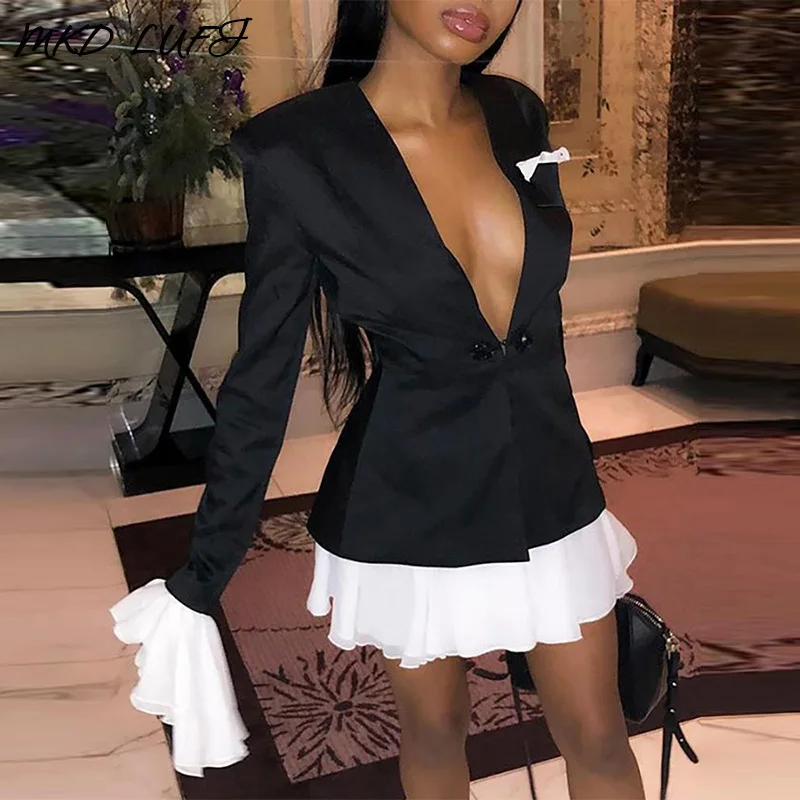 OL Colorblock оборками манжеты складчатый Блейзер платье рабочая одежда для женщин