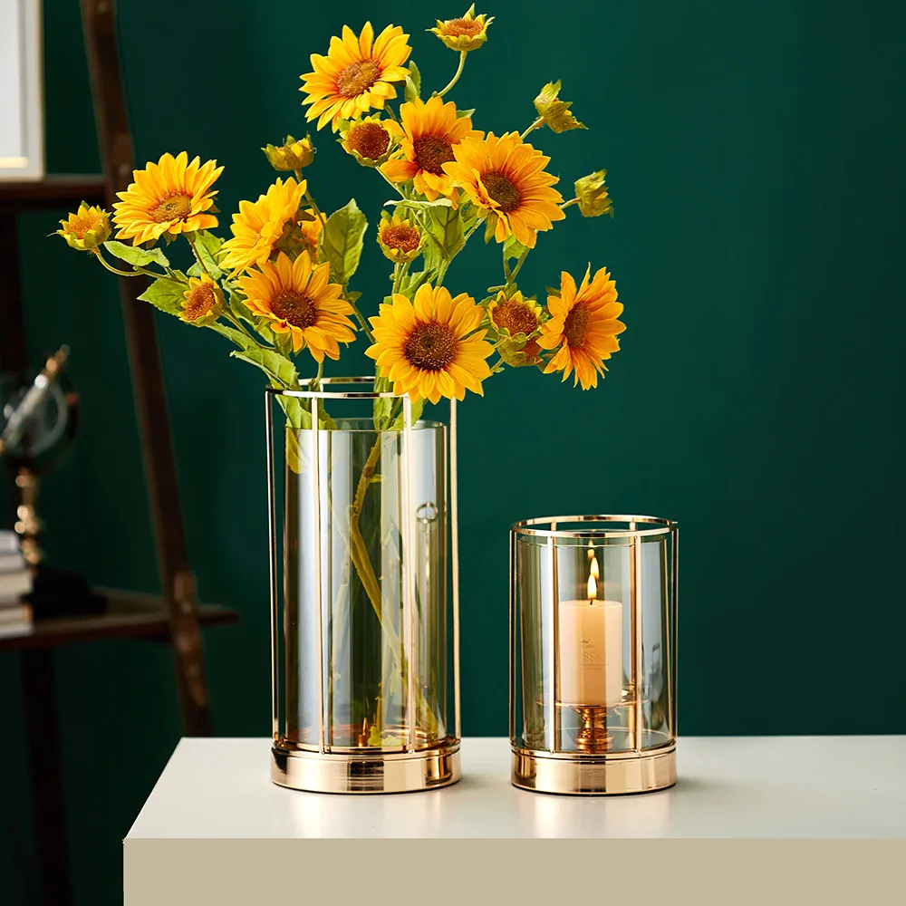 

Nordic Creative Golden metal frame Glass Flower Vase Tabletop Hydroponic Plant Transparent Vases Wedding Home Decor Accessories