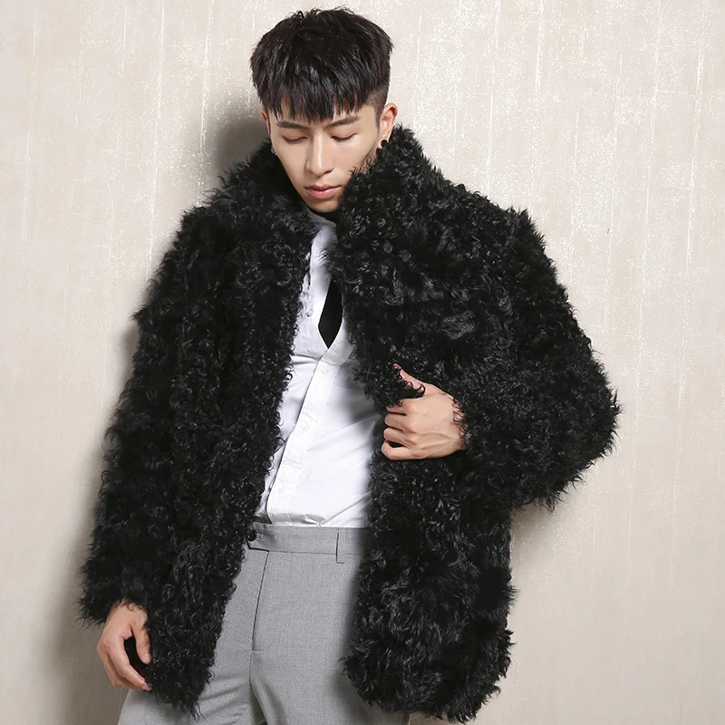 New Mens Lamb Fur Coat Loose High Quality Leather Wool Jacket Stand Collar Sheepskin Sherling Overcoat