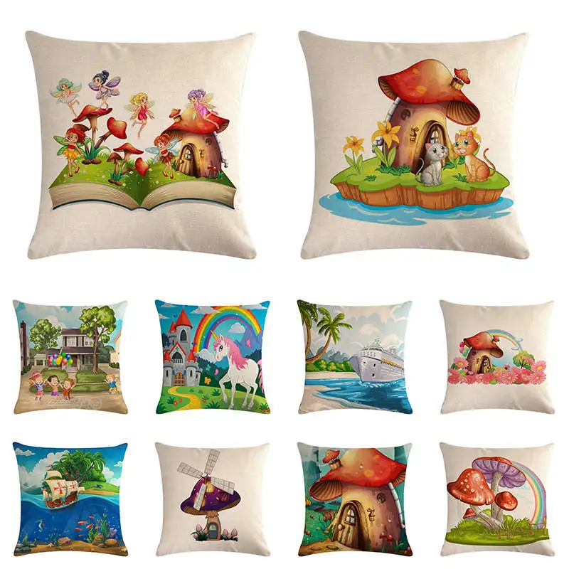 Радужная искусственная льняная наволочка с рисунком лошади леса грибов домашнее