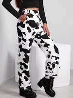 spring womens high waisted loose straight leg retro cow spot pattern goes with black white purple brown pants jeans