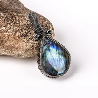 natural crystal flash labradorite irregular stones hemming winding pendant gun black metal healing reiki jewelry diy necklace