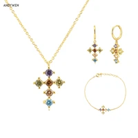 andywen 925 sterling silver gold rainbow cross zircon cz hoops pendiente piercing ohrringe bracelet necklace jewelry set luxury