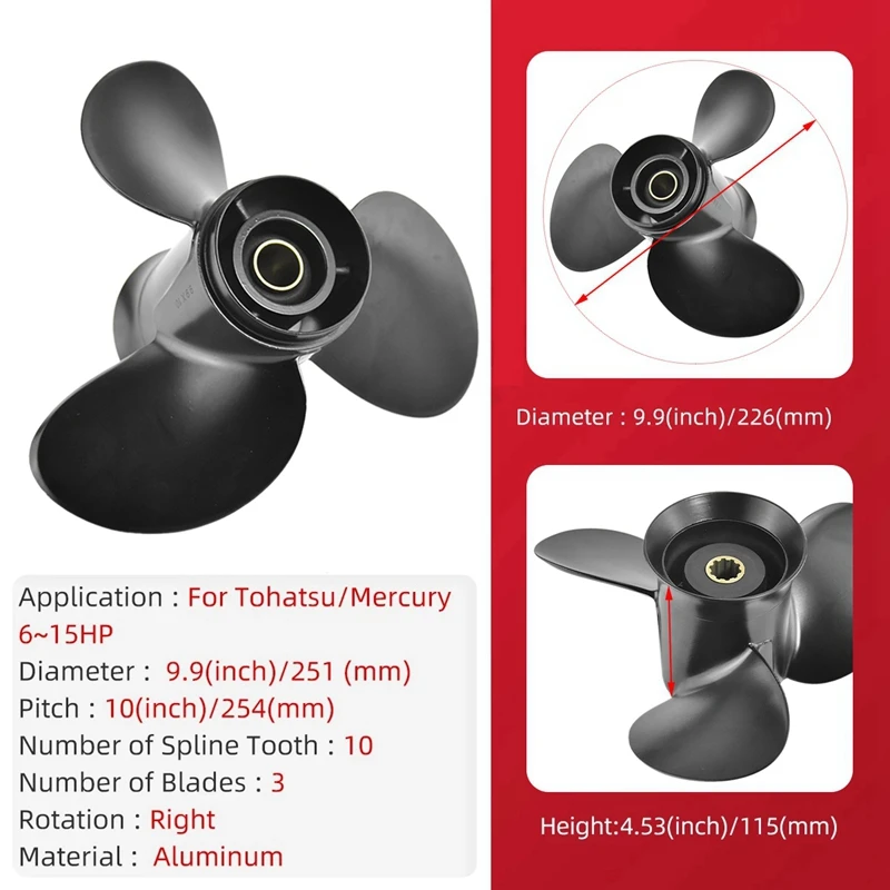 

9.9X10 Marine Engine Outboard Propeller 10 Spline Teeth 3 Blade Rotating Propeller for Tohatsu Mercury Nissan 25Hp-30Hp