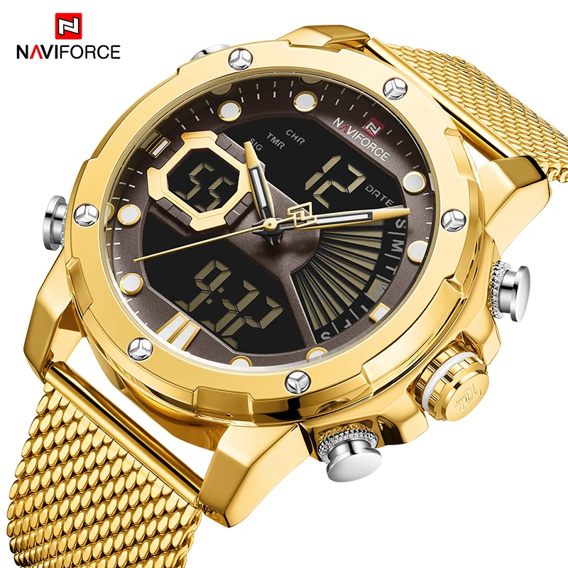 Часы наручные NAVIFORCE Мужские кварцевые люксовые брендовые золотистые Модные