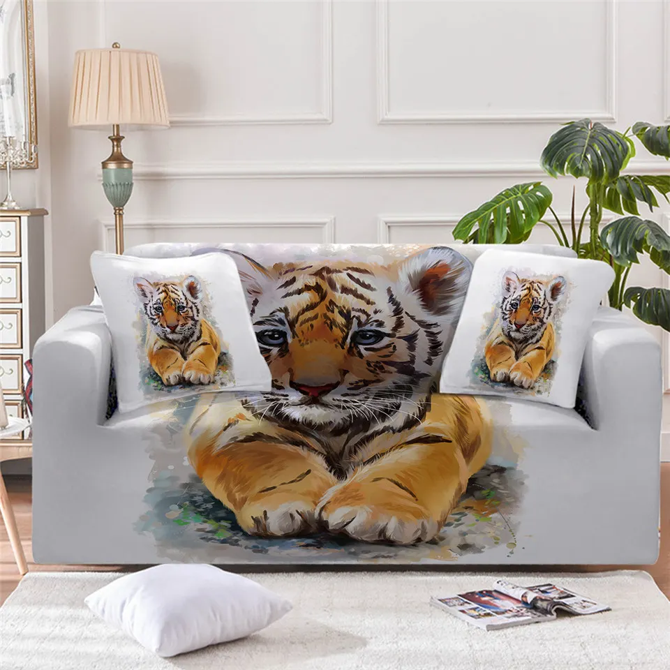 Секционный чехол для дивана BeddingOutlet эластичный с тигром акварелью диванами