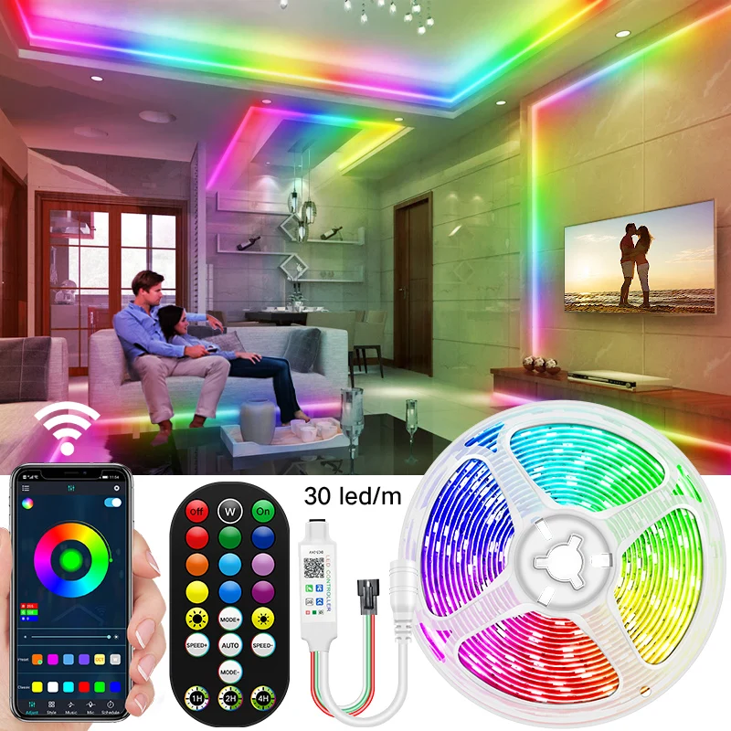 

WS2811 RGB 5M Dream Color IC LED Strip Lights Bluetooth APP Control 5050SMD Full Diode Flexible Tape Holiday Party Bedroom Decor
