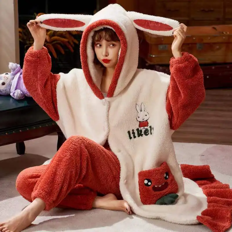 Winter Coral Fleece Pajamas Sets Women Thick Warm Flannel 2-Piece Set Sweet Cute Hooded Nightgowns Suit Soft Home Clothing F