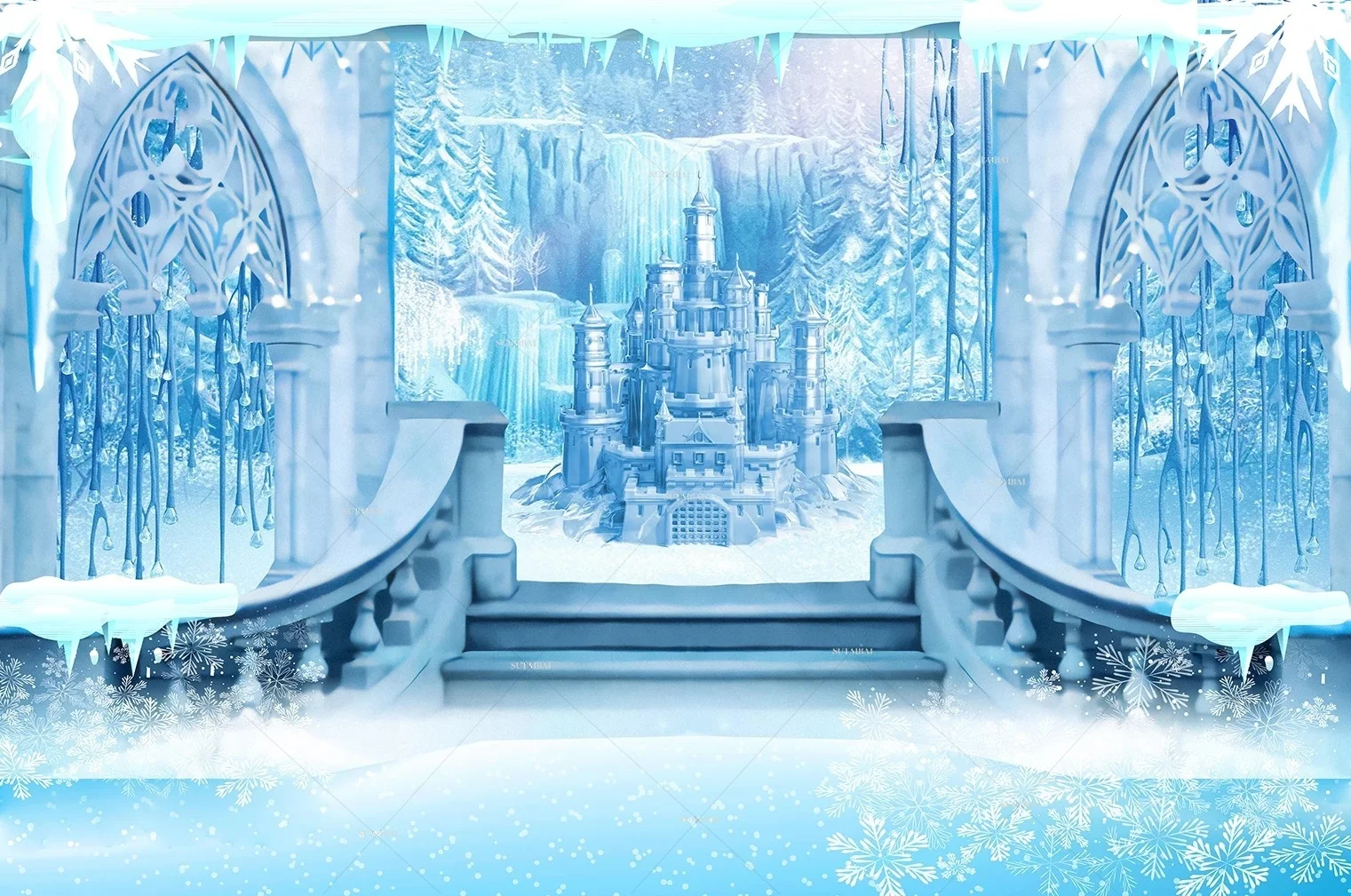 Winter Wonderland Ice Castle Photography Backdrop White Snowflake Frozen Landscape Background Fairytale Princess Girl Baby Party enlarge