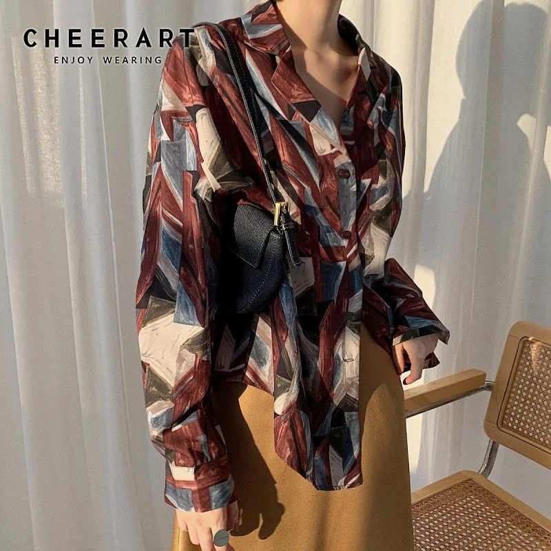 CHEERART Fall 2019 Vintage Long Sleeve Blouse Womens Tops And Blouses Color Block Lapel Ladies Korean Fashion | Женская одежда