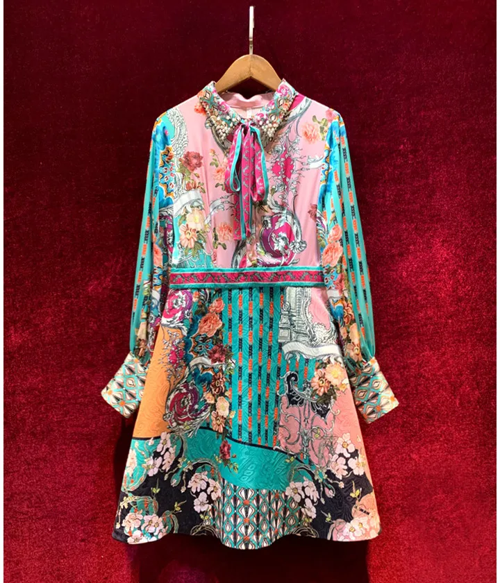 

Women Dress Ladies Elegant 2020 Autumn Vintage Print Slim Waist Long Sleeve Belt Bow Vestidos New Arrival