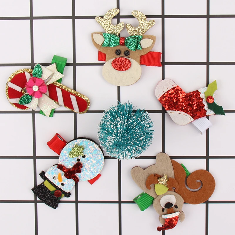 CN 5Pcs/Sets Christmas Gifts Hairpins For Childrens Santa Elk Horn Hair Clips Girls Glitter Snowman BB Barrettes Hair Accesories