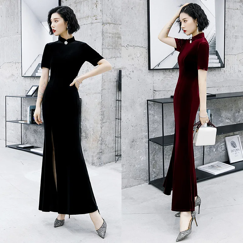 

Retro Autumn New Lady Velour Qipao Sweet Pearl Button Long Skirt Elegant Slim Wedding Party Guest Dresses Sexy Side Split Gown