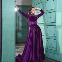 2020 long sleeve muslim evening dress high neck appliques beaded purple velvet islamic dubai kaftan saudi arabic boho prom dress
