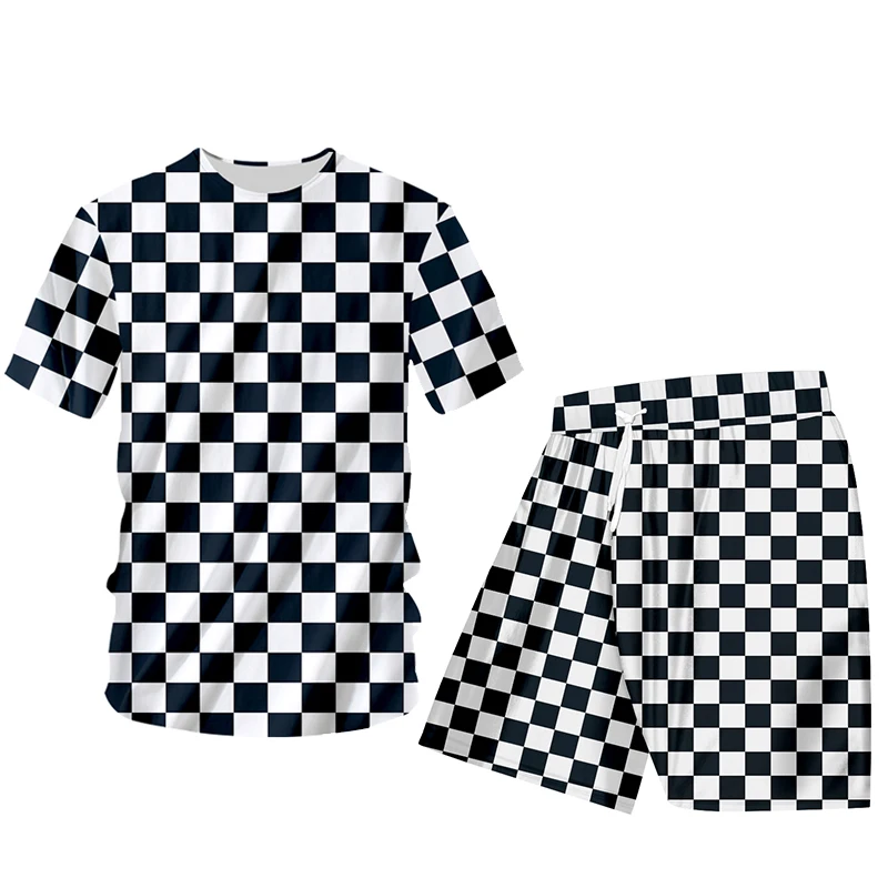 

Black And White Plaid Fashion Men's And Women's Summer T-Shirt Shorts 2-Piece Set Sandy Beach Seaside 3d Printing British Style