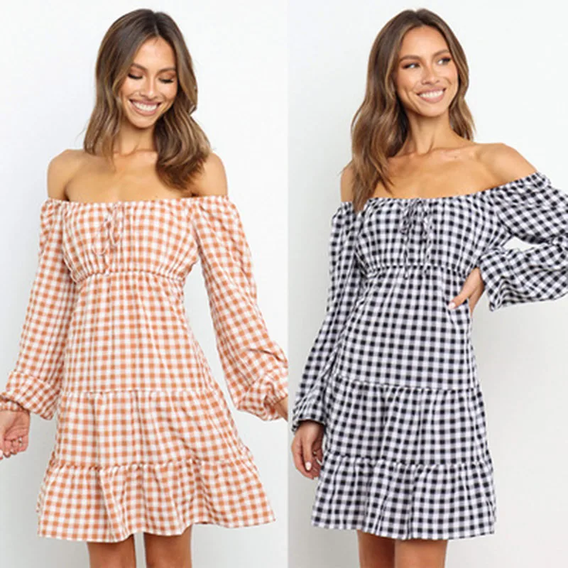 

2021 Fashion Women Sky Blue Plaid Print Summer Dress Za Vintage Puff Short Sleeve Back Bow Ladies Midi Dress